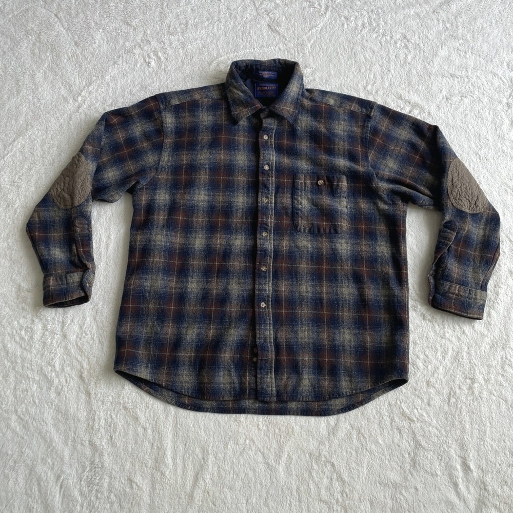 Pendleton Virgin Wool Flannel Trail Shirt Blue Brown Plaid Button Up Size XL